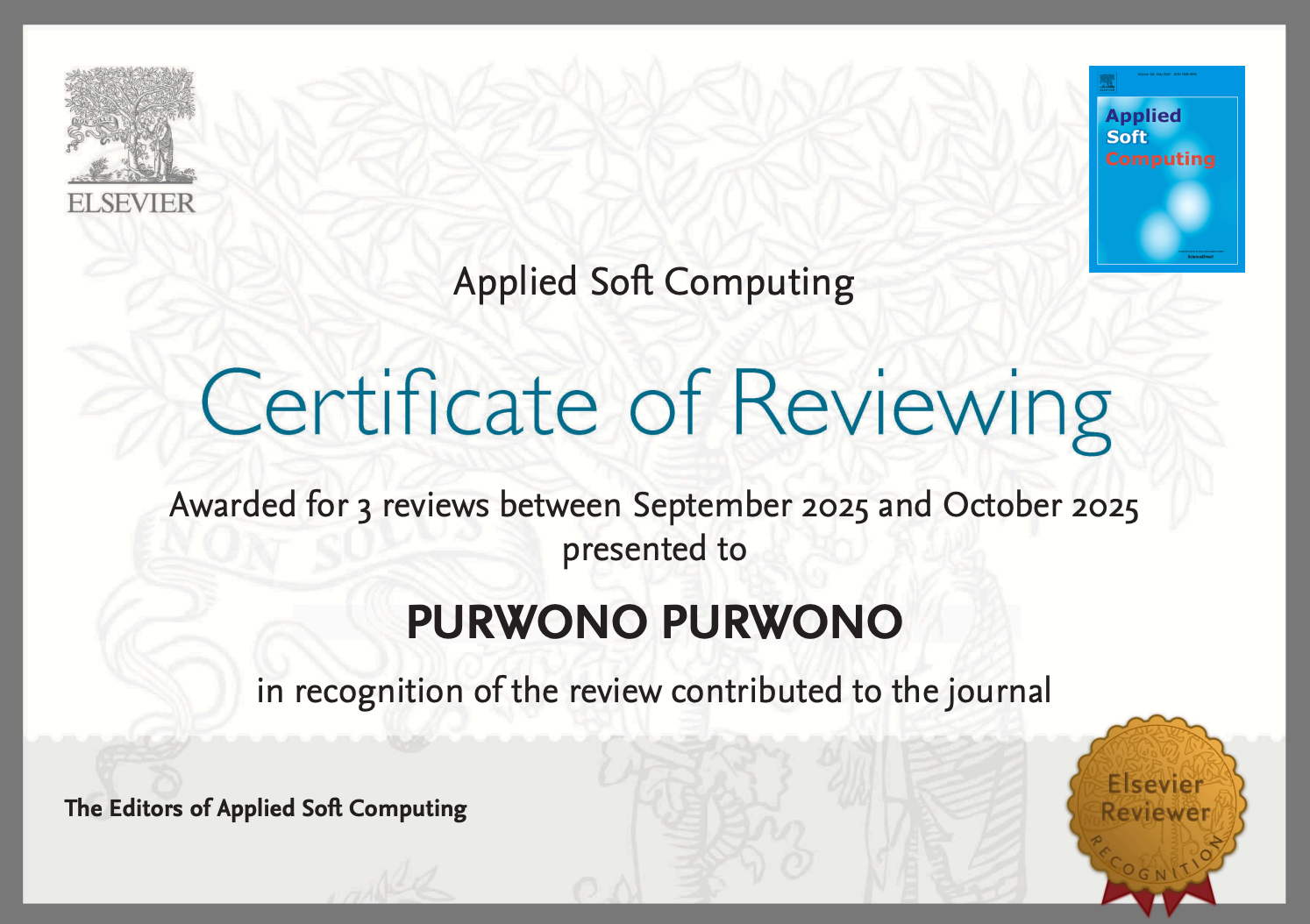 Certificate of Reviewing - Applied Soft Computing