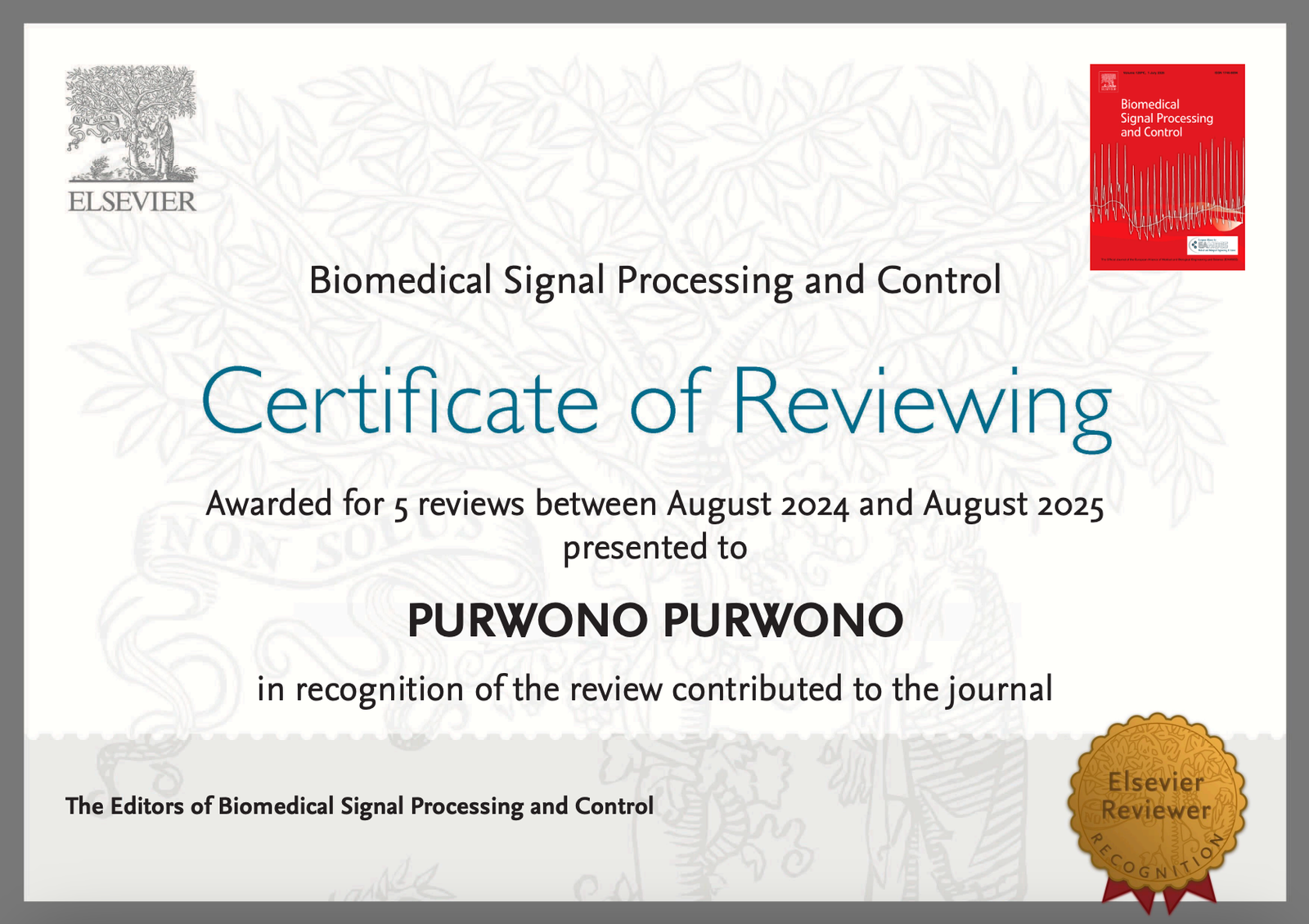 Recognition for Peer Review - Biomedical Signal Processing and Control