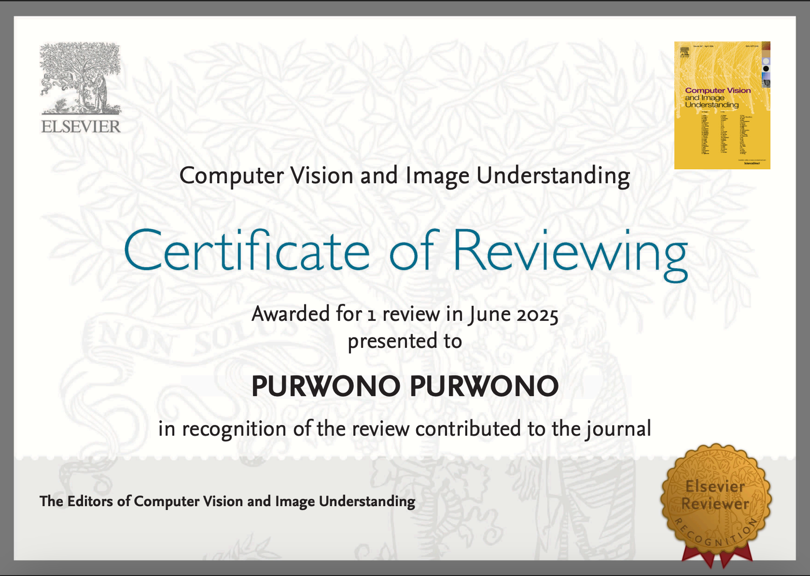 Reviewer Recognition - Computer Vision and Image Understanding