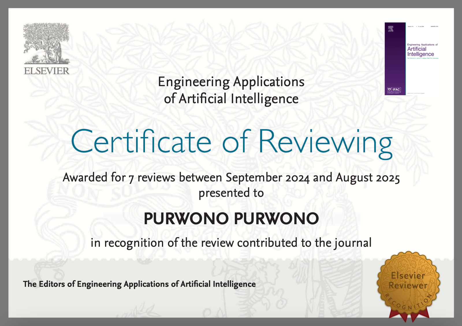 Reviewer Recognition - Engineering Applications of Artificial Intelligence