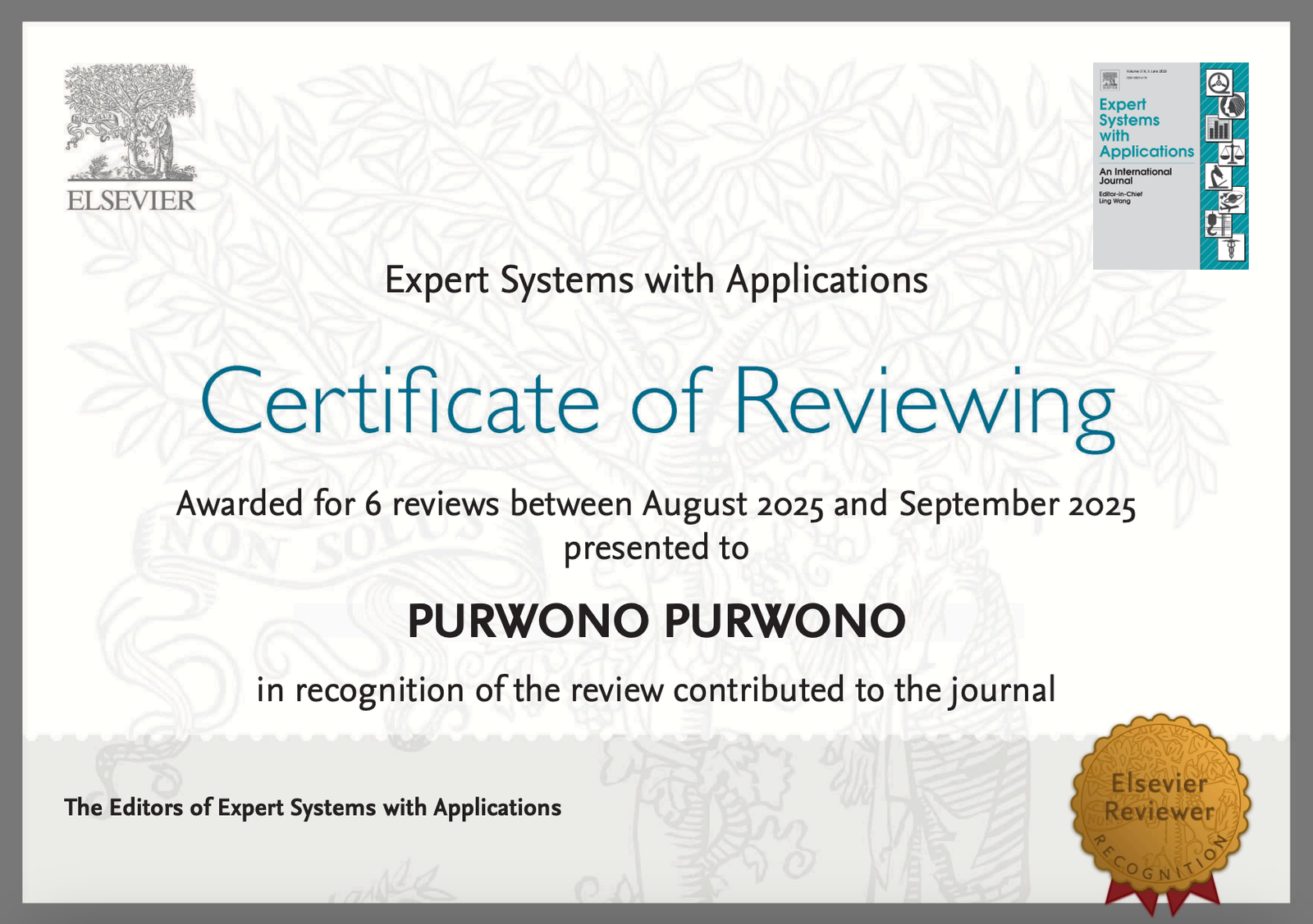 Reviewer Recognition - Expert Systems with Applications