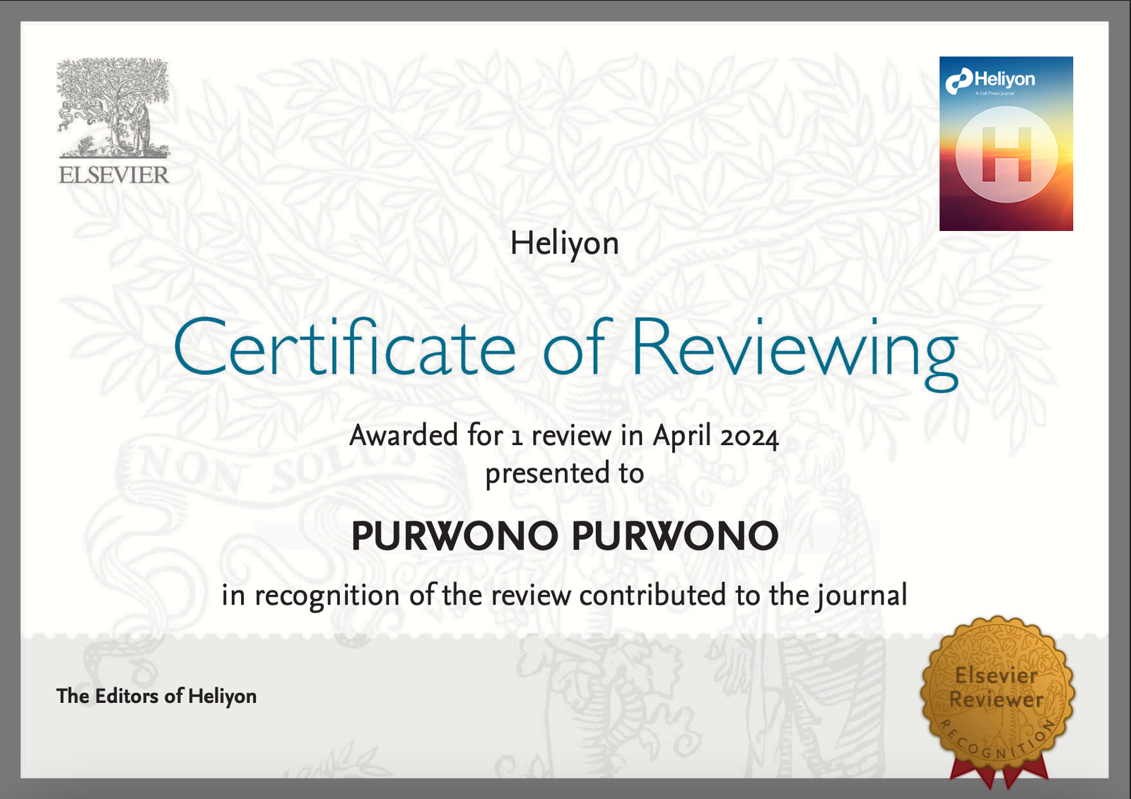Reviewer Recognition - Heliyon