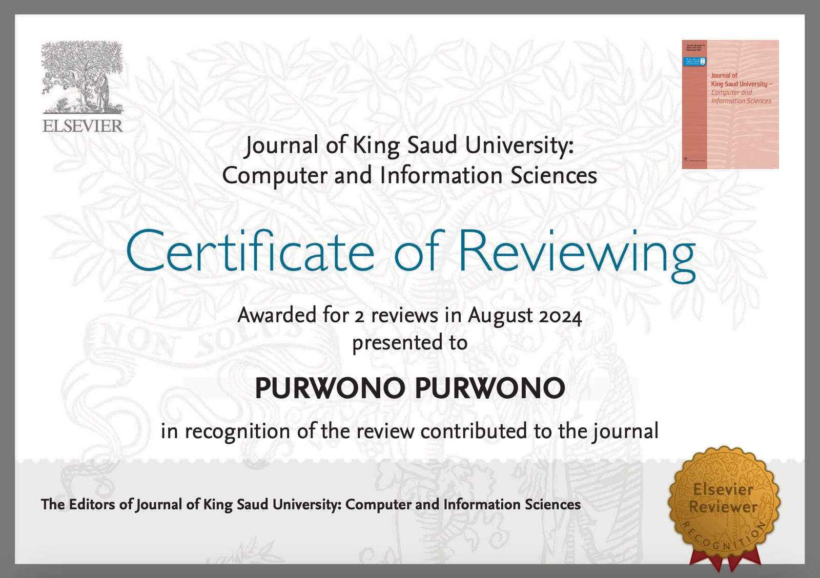 Reviewer Recognition - Journal of King Saud University - Computer and Information Sciences