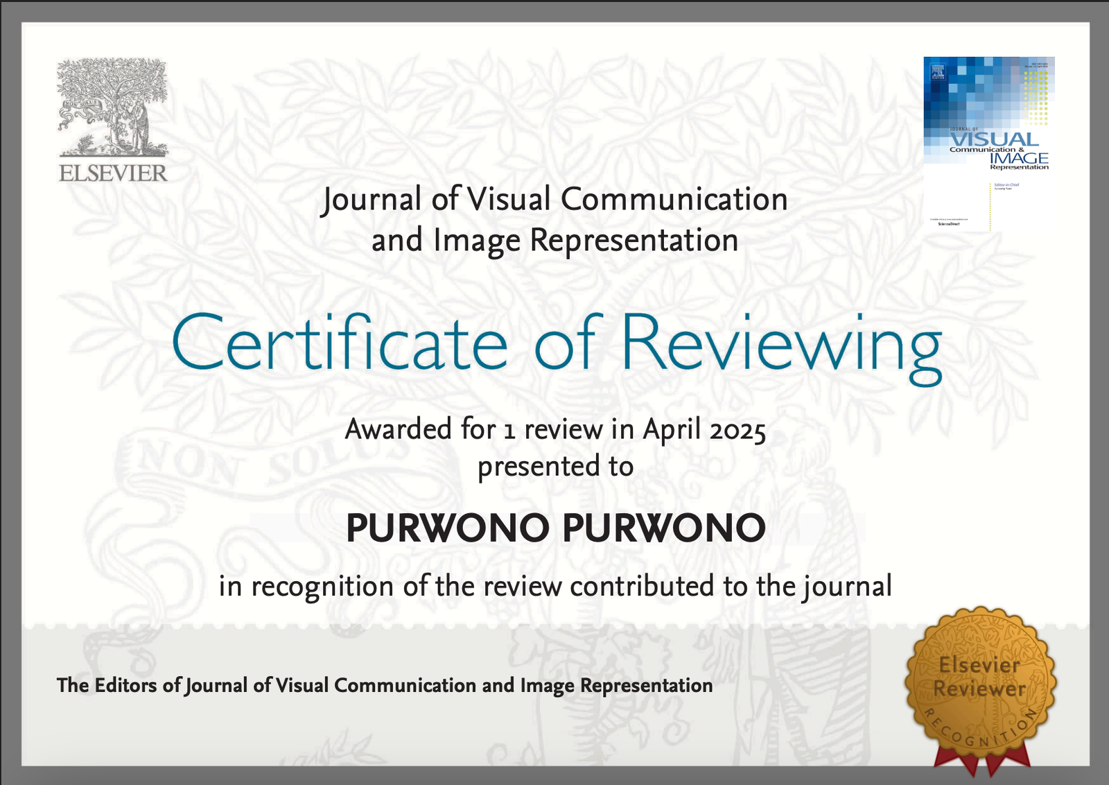 Reviewer Recognition - Journal of Visual Communication and Image Representation