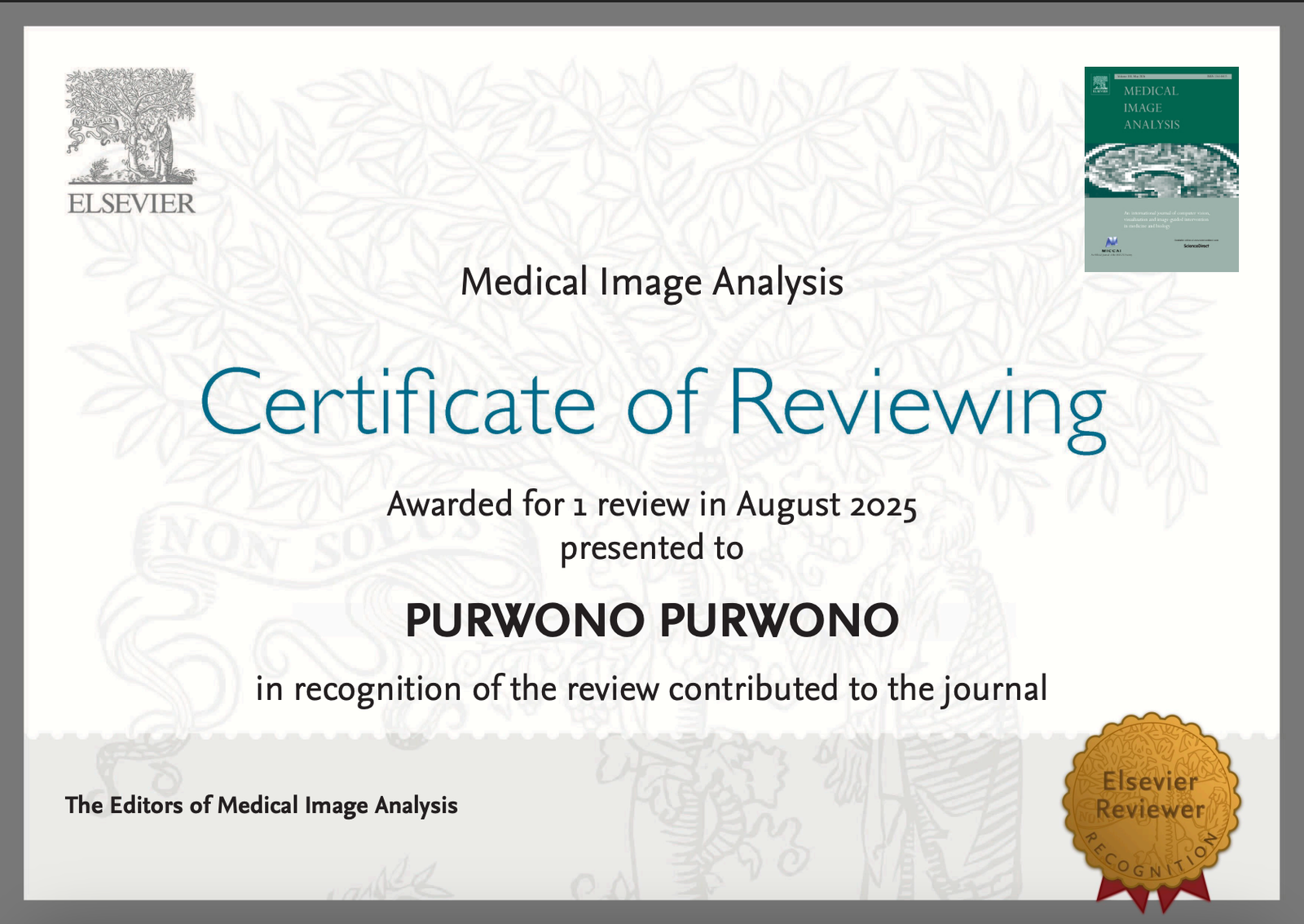 Reviewer Recognition - Medical Image Analysis