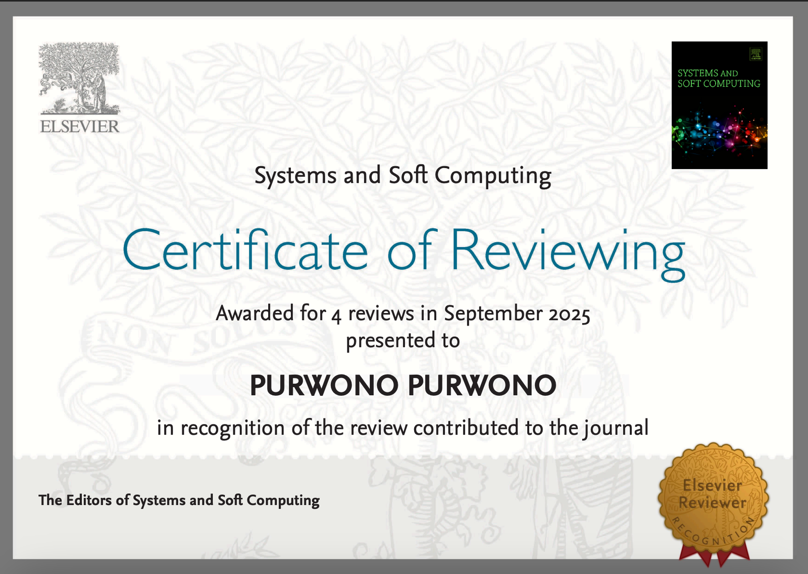 Reviewer Recognition - Systems and Soft Computing